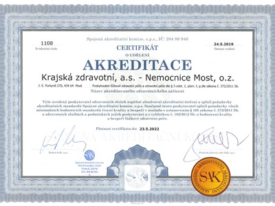 Certifikát SAK pro Nemocnice Most, o. z.