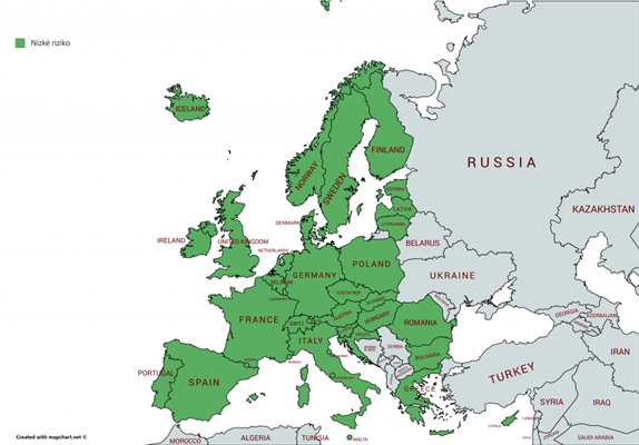 Mapa znázorňuje zelenou barvou bezpečné země pro cestování, sem mohou občané ČR a rezidenti v ČR cestovat bez omezení při návratu zpět. 